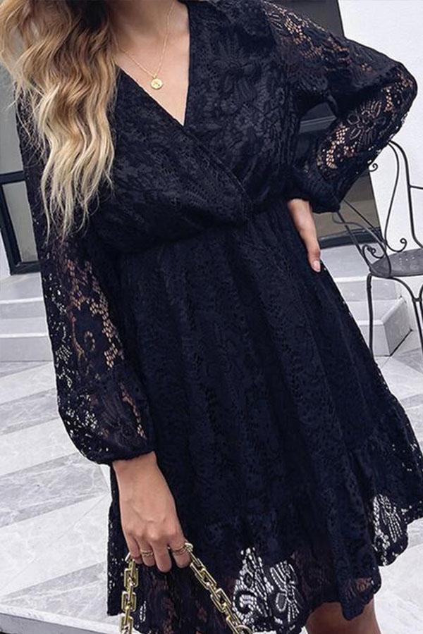 V Neck High Waist Lace Long Sleeve Dress