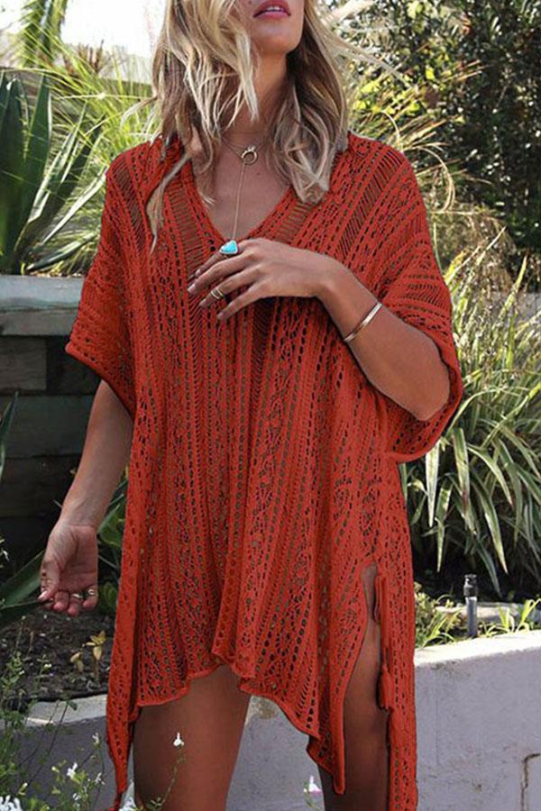 Loose Hollow Vacation Half Sleeve V Neck Beach Cover-Ups