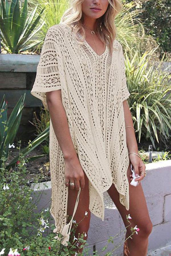 Loose Hollow Vacation Half Sleeve V Neck Beach Cover-Ups