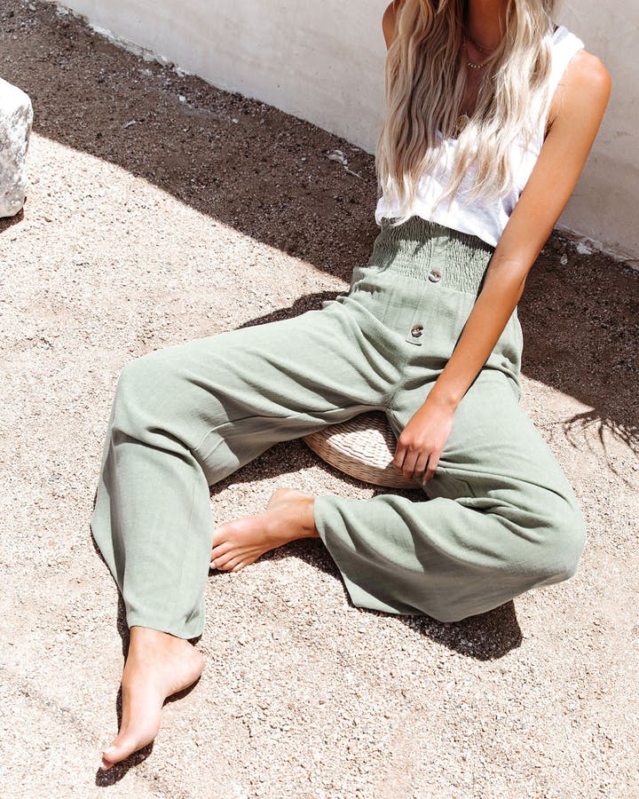LINEN BLEND HIGH RISE SMOCKED PANTS