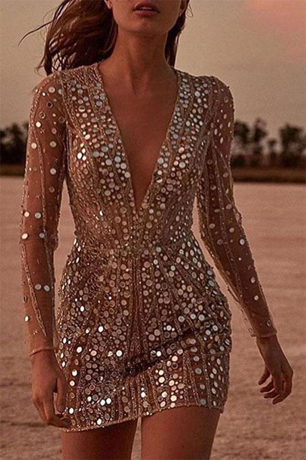 Deep V Sequin Wrap Dress