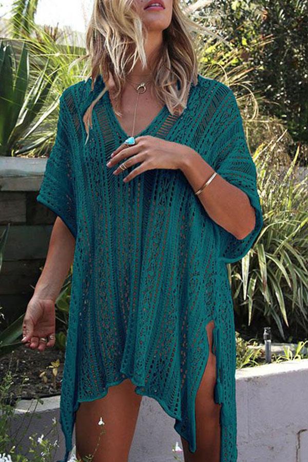 Loose Hollow Vacation Half Sleeve V Neck Beach Cover-Ups