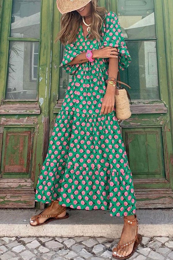V Neck Lantern Sleeve Printed Ruffle Maxi Holiday Dress