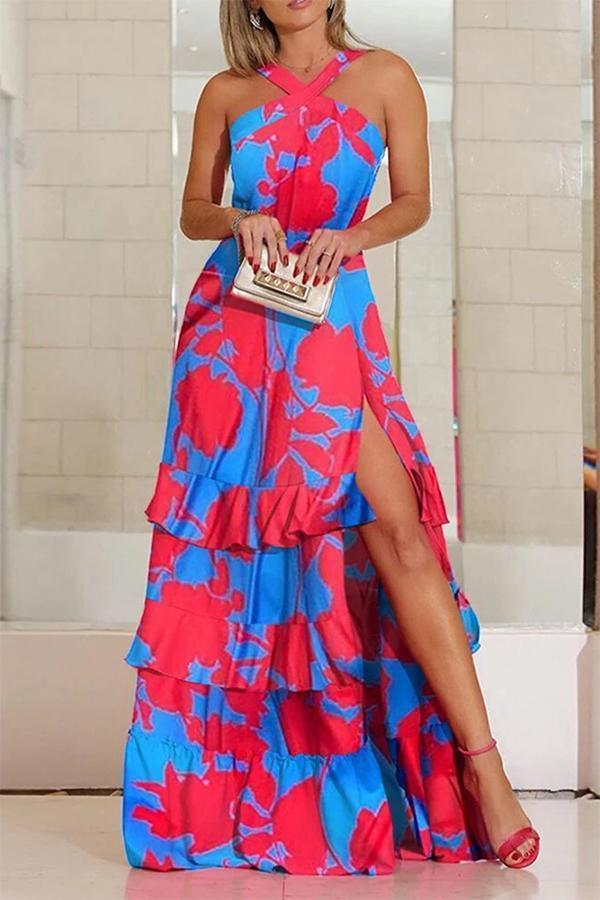 Bohemian Ruffled Slit Contrast Print Maxi Dress
