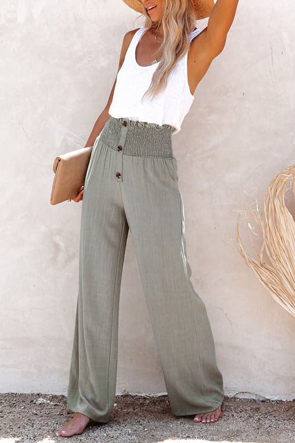 LINEN BLEND HIGH RISE SMOCKED PANTS