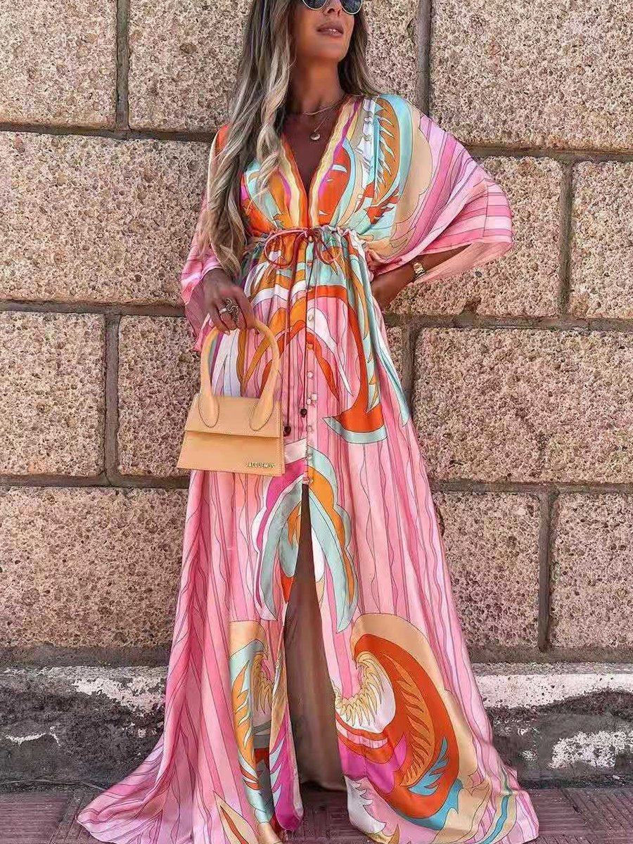 Digital Print V-neck Smocked Split Floor Length Dress