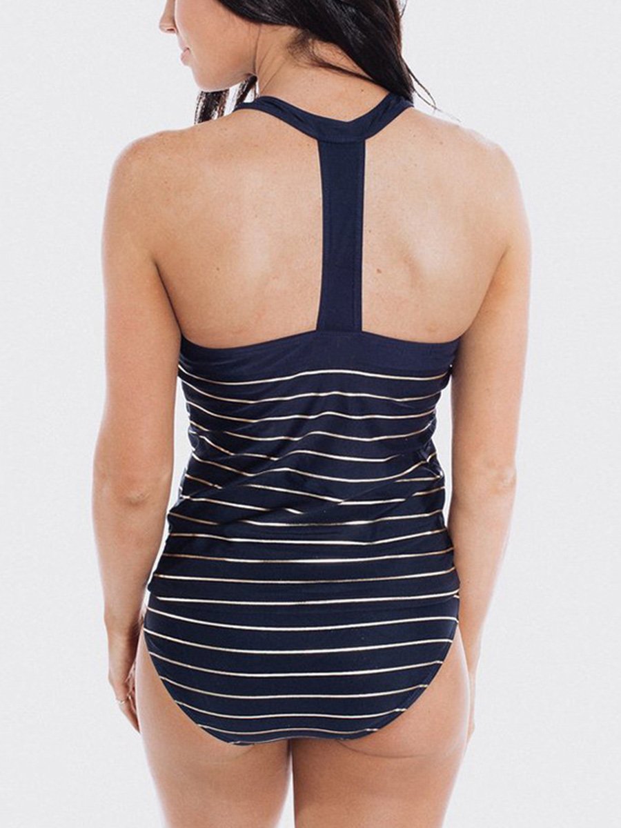 Striped patchwork backless swimsuit two-piece set