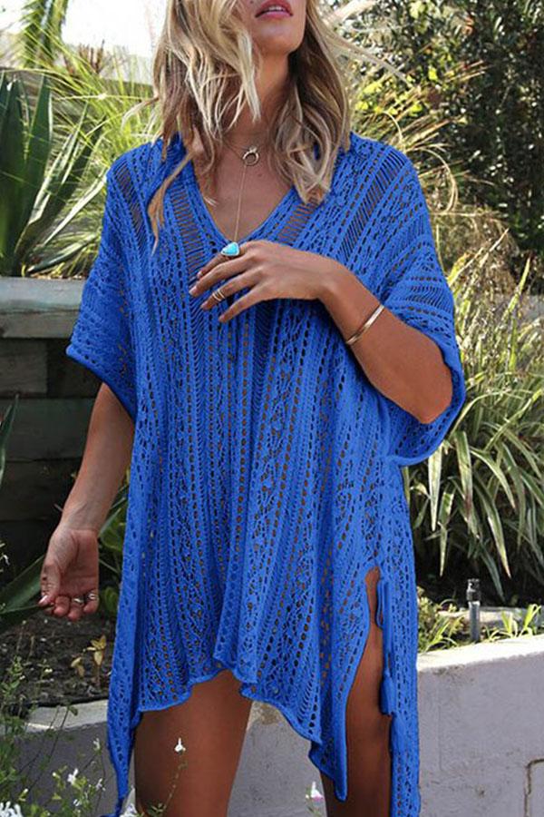 Loose Hollow Vacation Half Sleeve V Neck Beach Cover-Ups