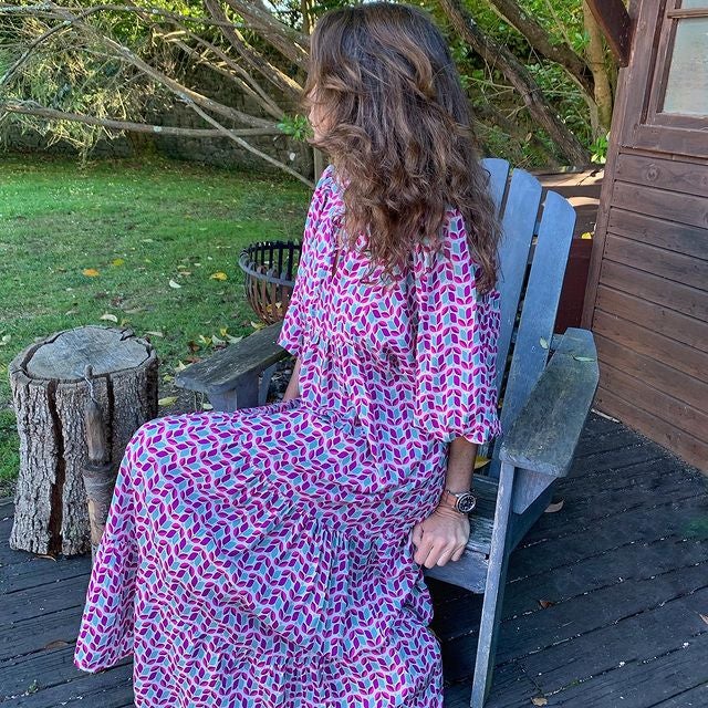 V Neck Lantern Sleeve Printed Ruffle Maxi Holiday Dress