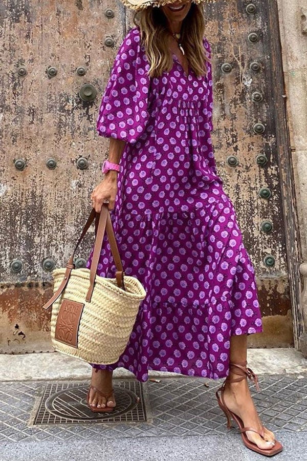 V Neck Lantern Sleeve Printed Ruffle Maxi Holiday Dress