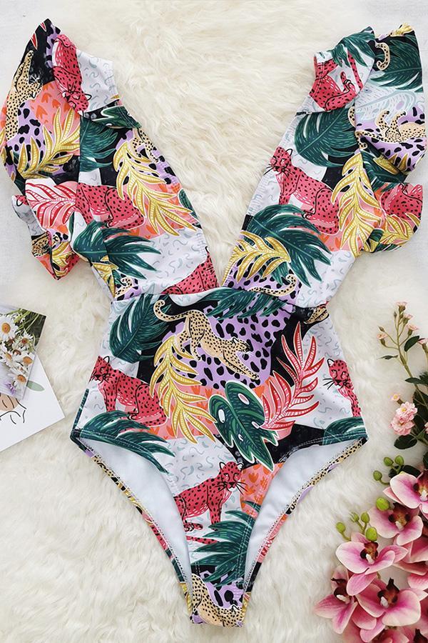 Leopard Print Deep V Open Back High Waist Swimsuit