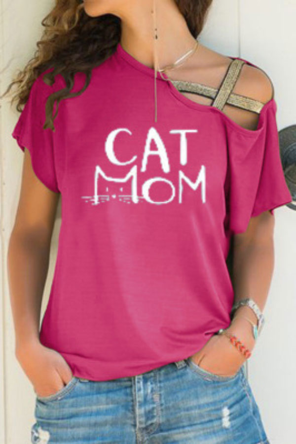 Casual Printed Slanted Shoulder Cross Irregular T-shirt