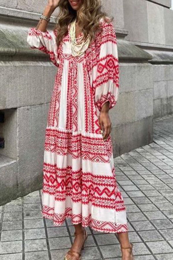 V Neck Lantern Sleeve Printed Ruffle Maxi Holiday Dress