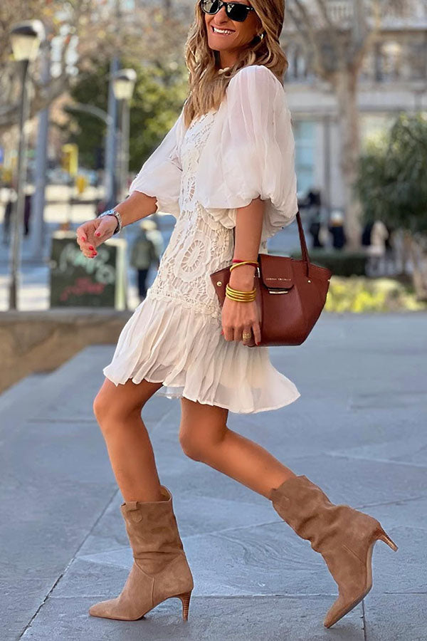Worth My Time Crochet Lace Puff Sleeve Mini Dress