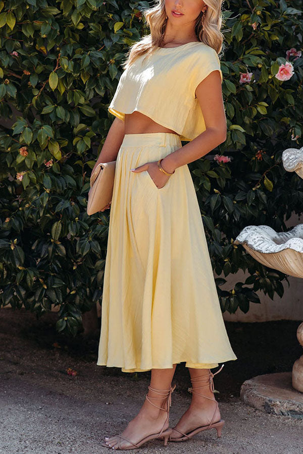Linen Crop Top+ Pocketed Midi Skirt Suit