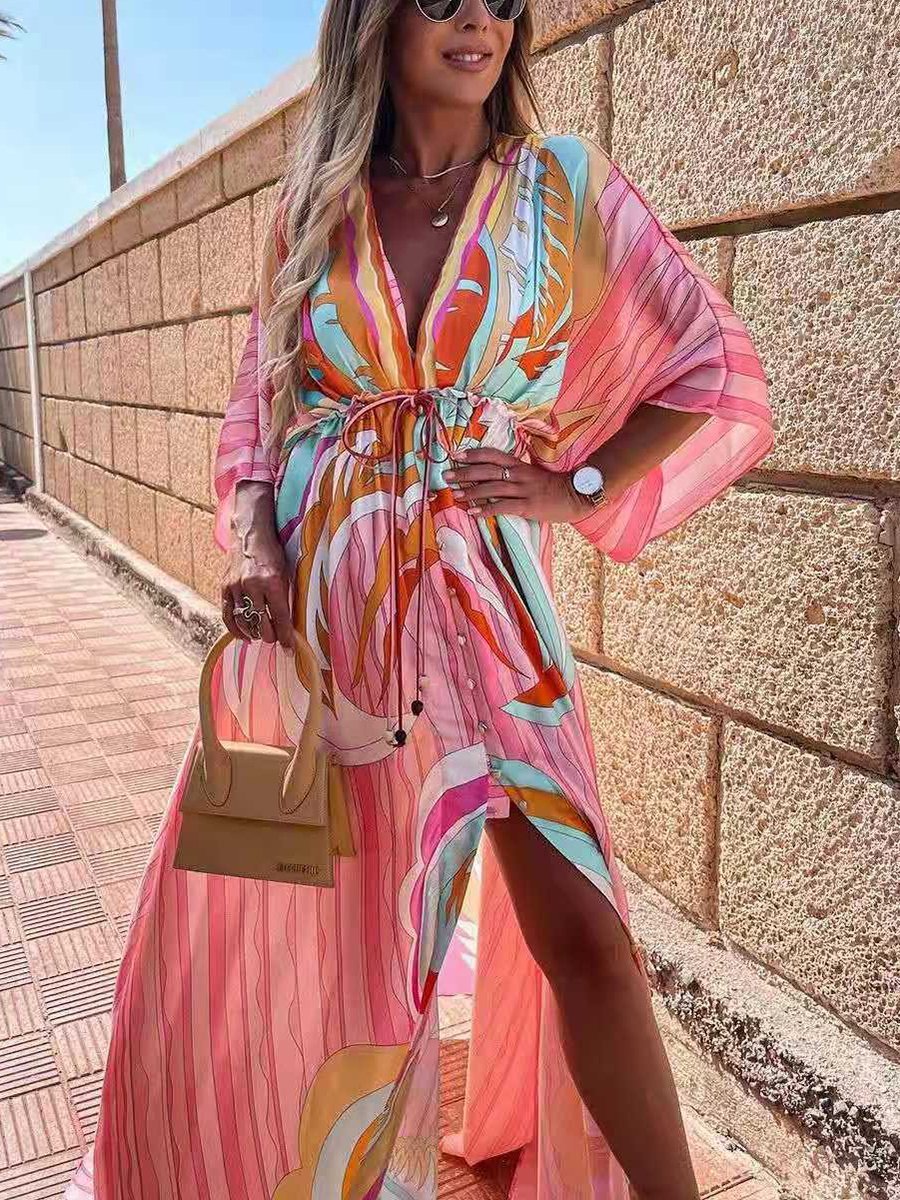 Digital Print V-neck Smocked Split Floor Length Dress