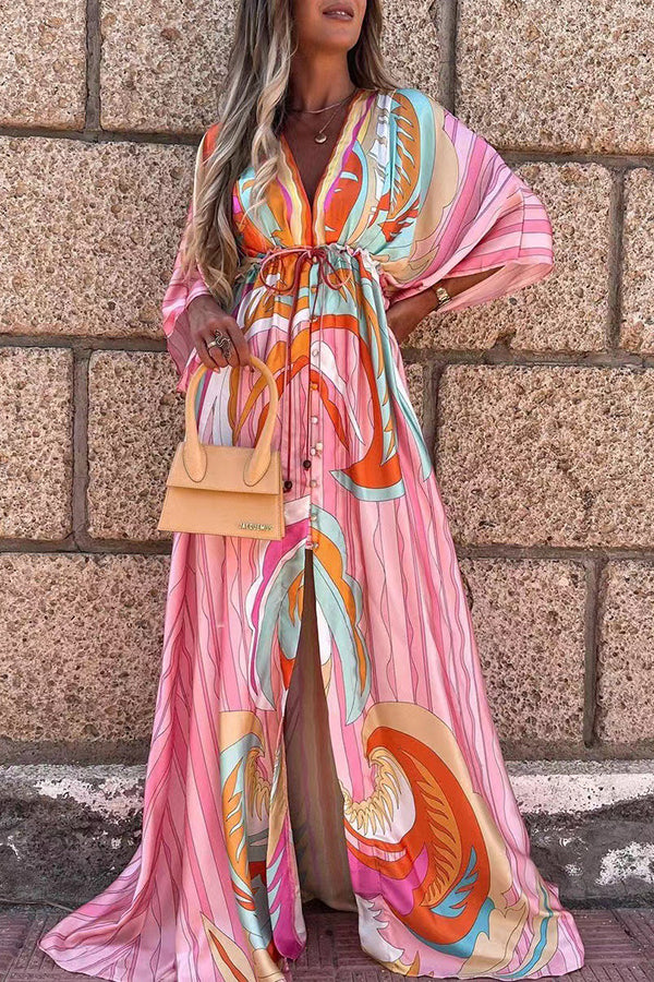 Digital Print V-neck Smocked Split Floor Length Dress