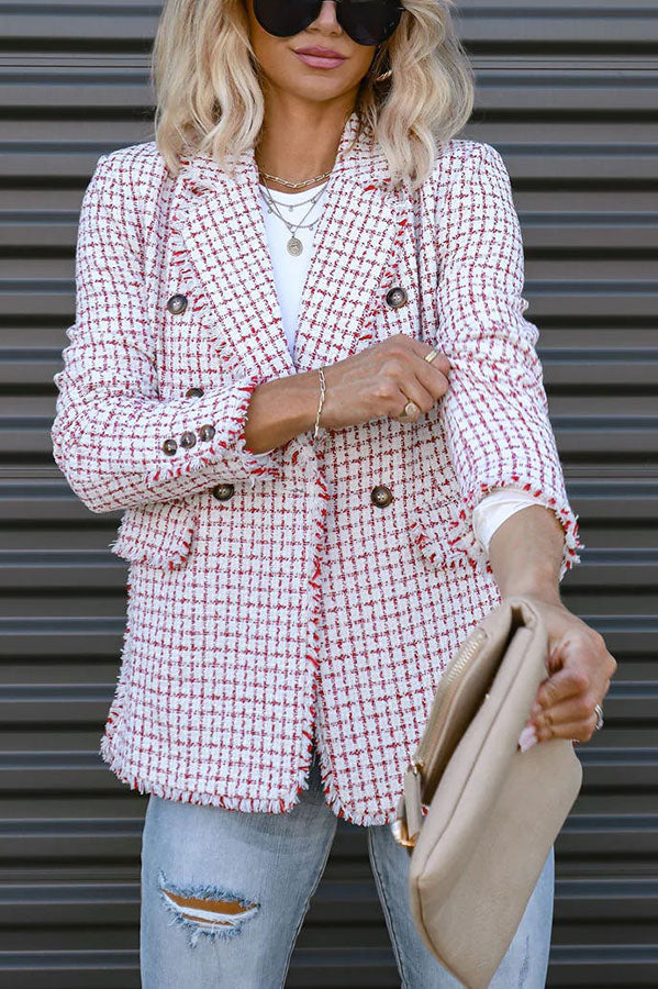 Out In NYC Tweed Plaid Double Breasted Blazer