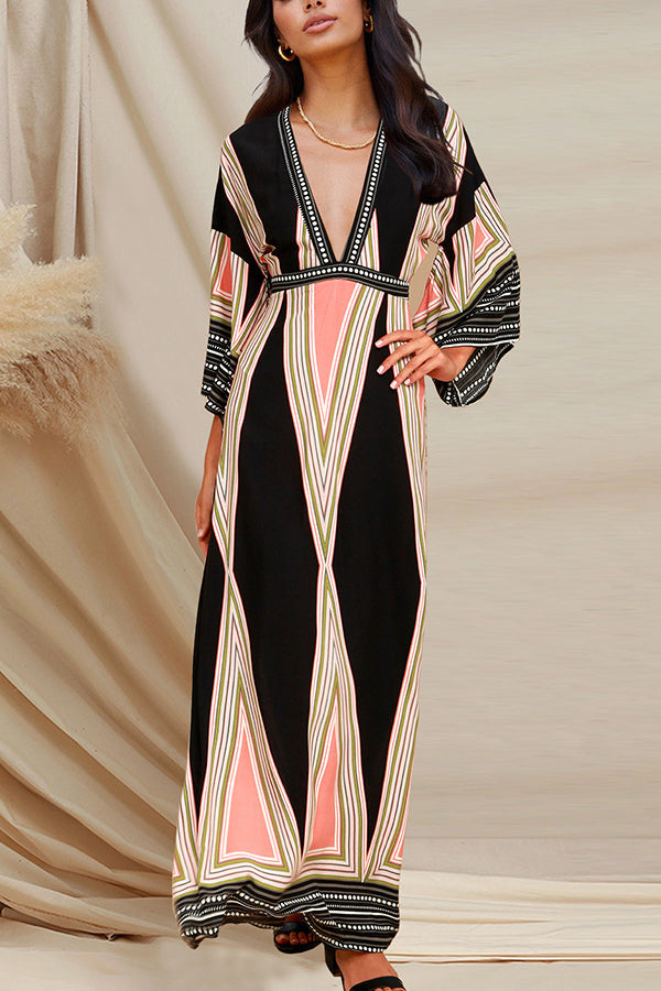 Deep V Neck Indian Print Long Skirt