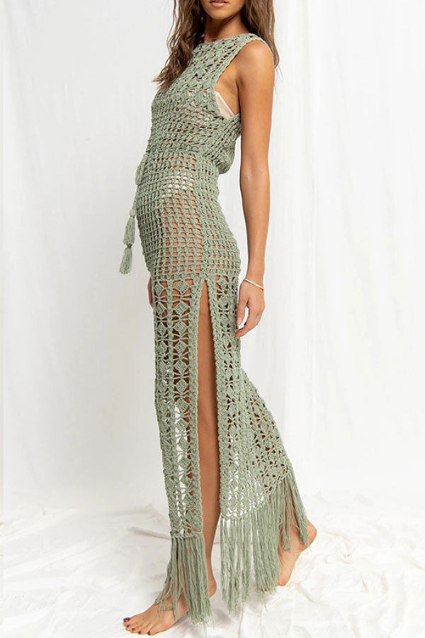 Holiday Hollow Lace-up Tassel Beach Maxi Dress
