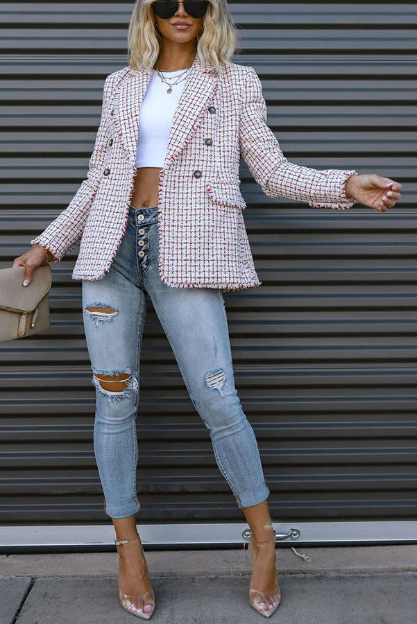 Out In NYC Tweed Plaid Double Breasted Blazer