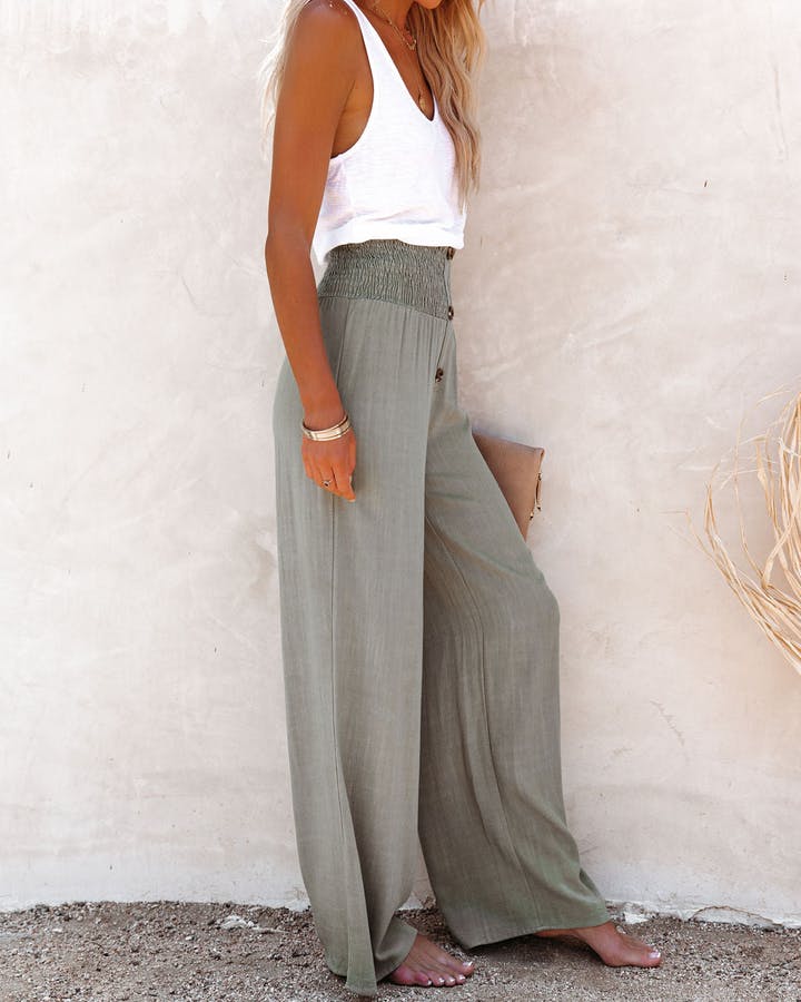 LINEN BLEND HIGH RISE SMOCKED PANTS