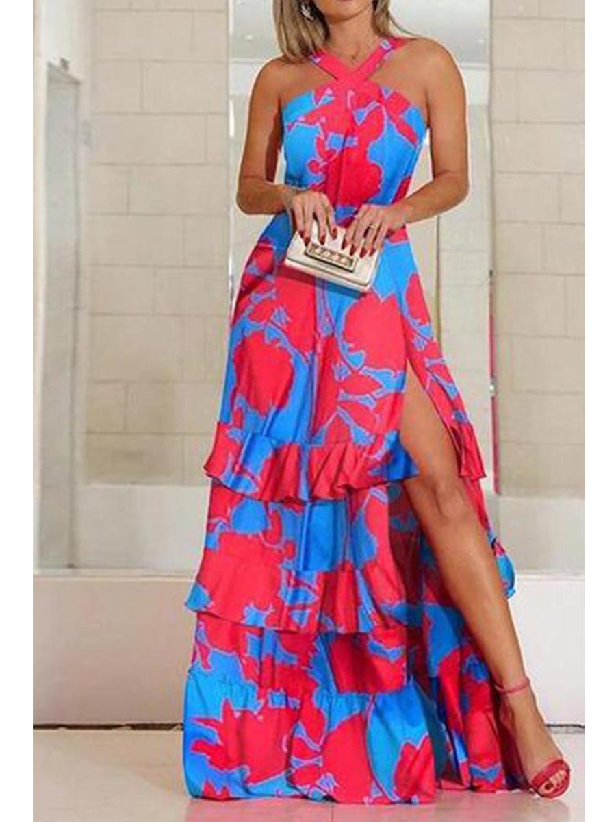 Bohemian Ruffled Slit Contrast Print Maxi Dress