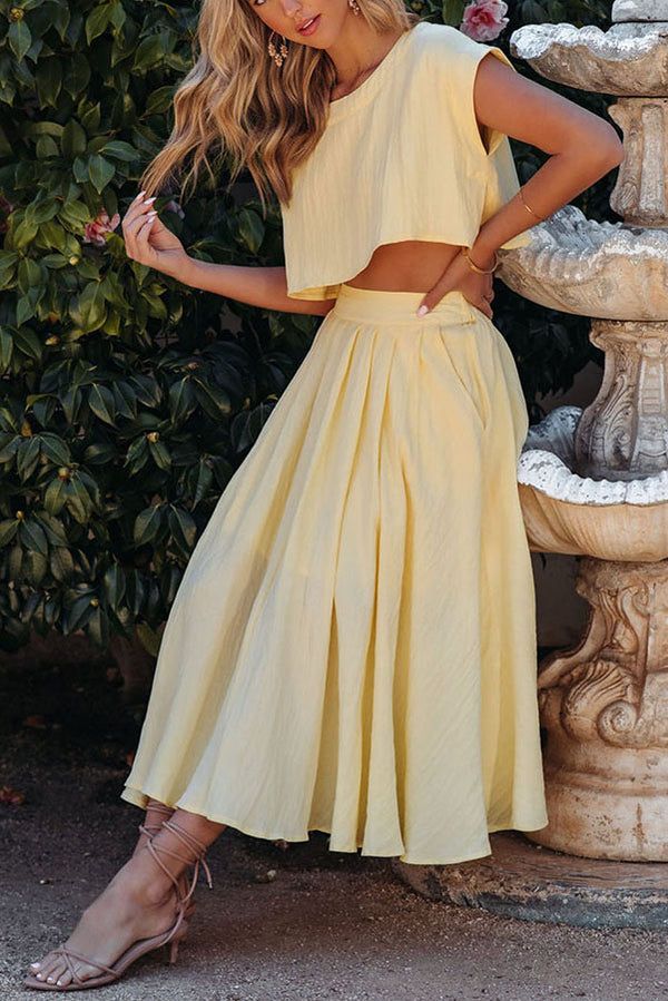 Linen Crop Top+ Pocketed Midi Skirt Suit