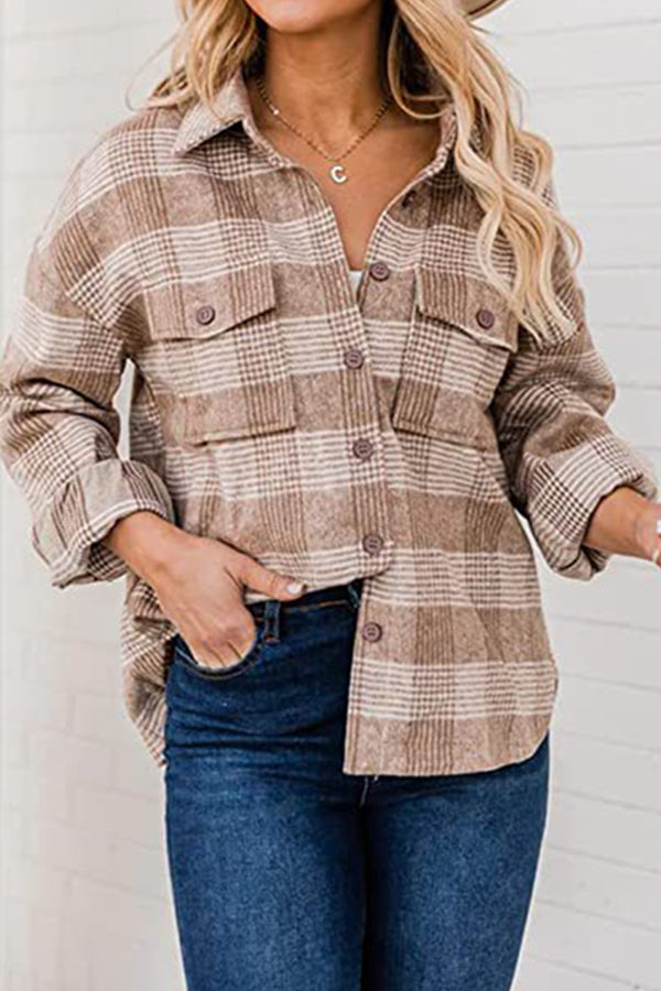 Plaid Buckle Turndown Collar Tops