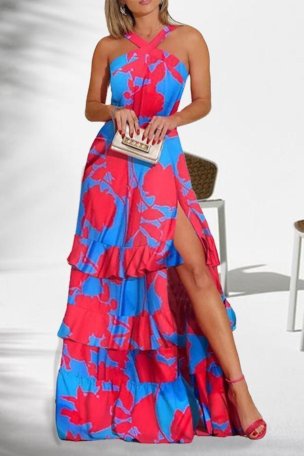 Bohemian Ruffled Slit Contrast Print Maxi Dress