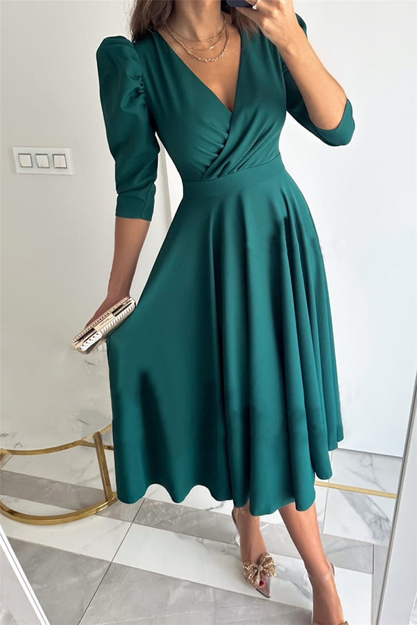 Puff Sleeve Swing Midi Dress