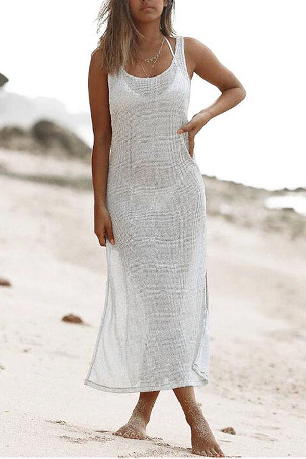 Plain Loose Sleeveless U-Neck Backless Split-Side Cover-Up Swimwear