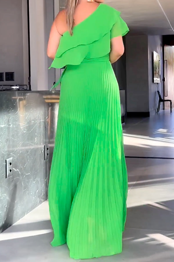 Asymmetric Plain Pleated Loose One-Shoulder Maxi Dresses