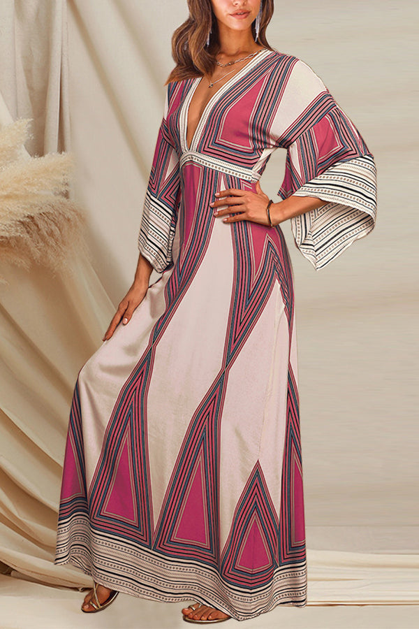 Deep V Neck Indian Print Long Skirt