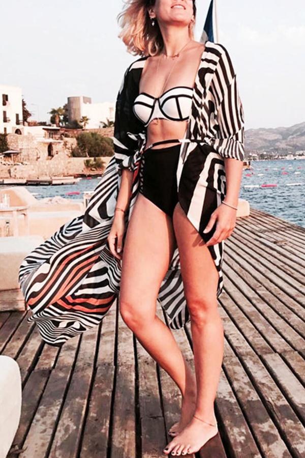 Sun Protection Shirt Black and White Striped Blouse Holiday Cardigan