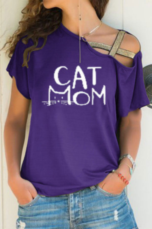 Casual Printed Slanted Shoulder Cross Irregular T-shirt