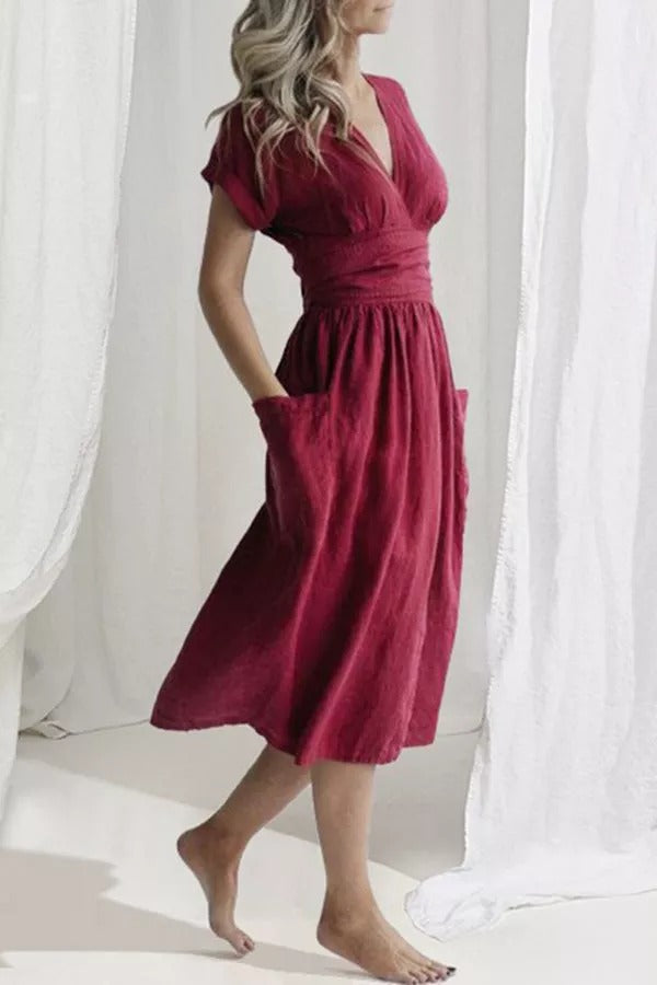 Forever Yours Belt High Waist Cotton- Linen Dress