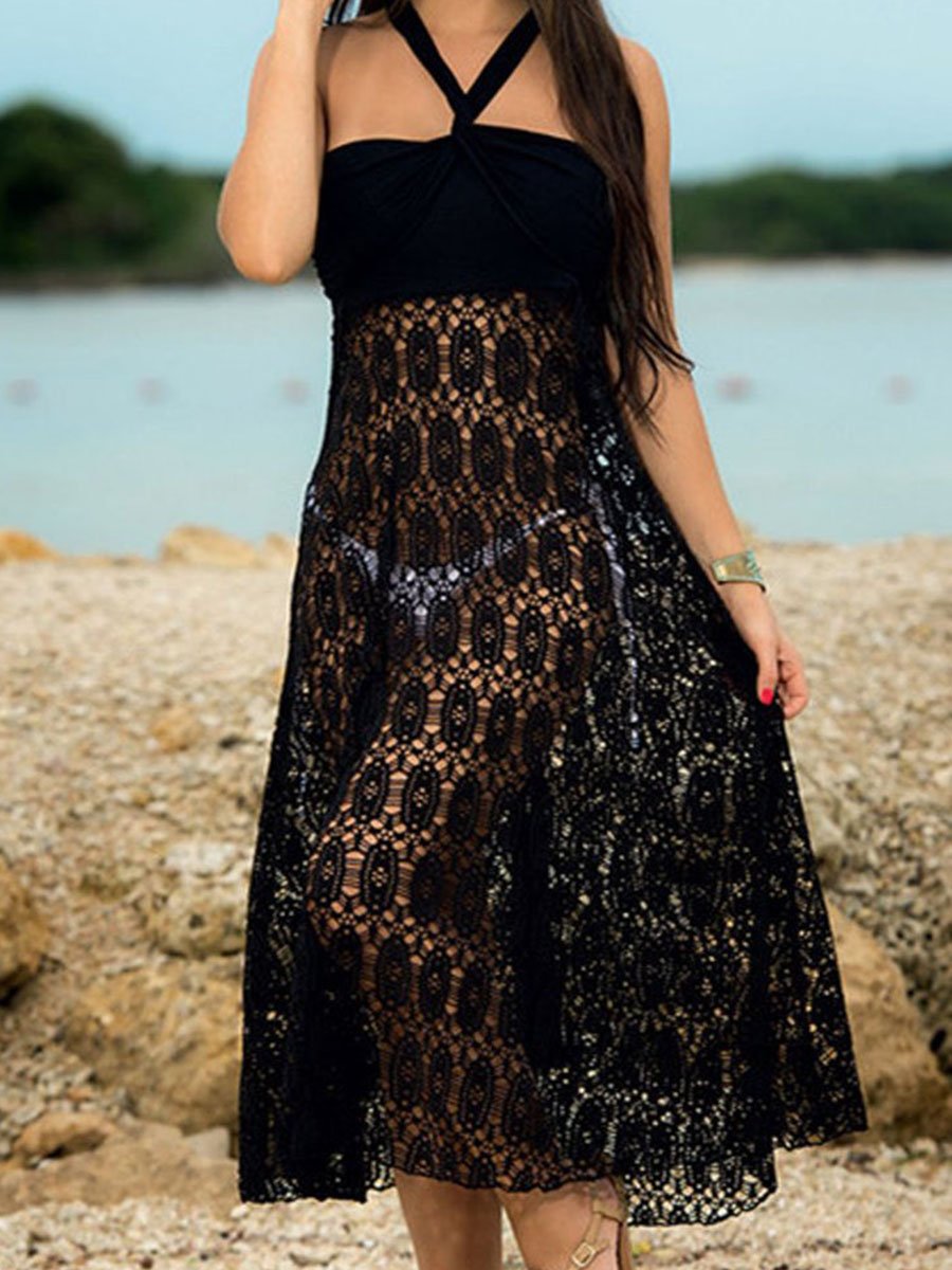 Print Hollow-out Solid Cover-Up (2 Colors)
