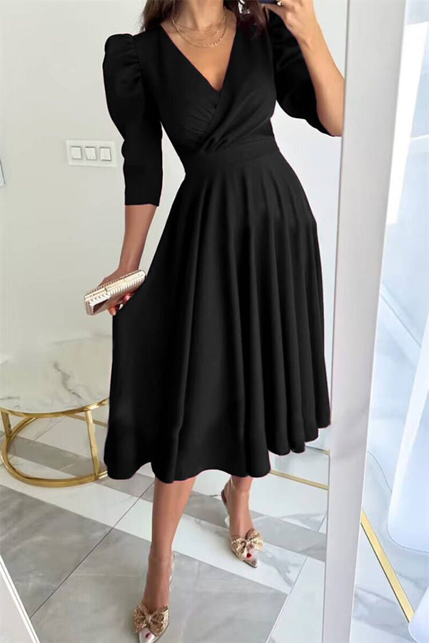 Puff Sleeve Swing Midi Dress