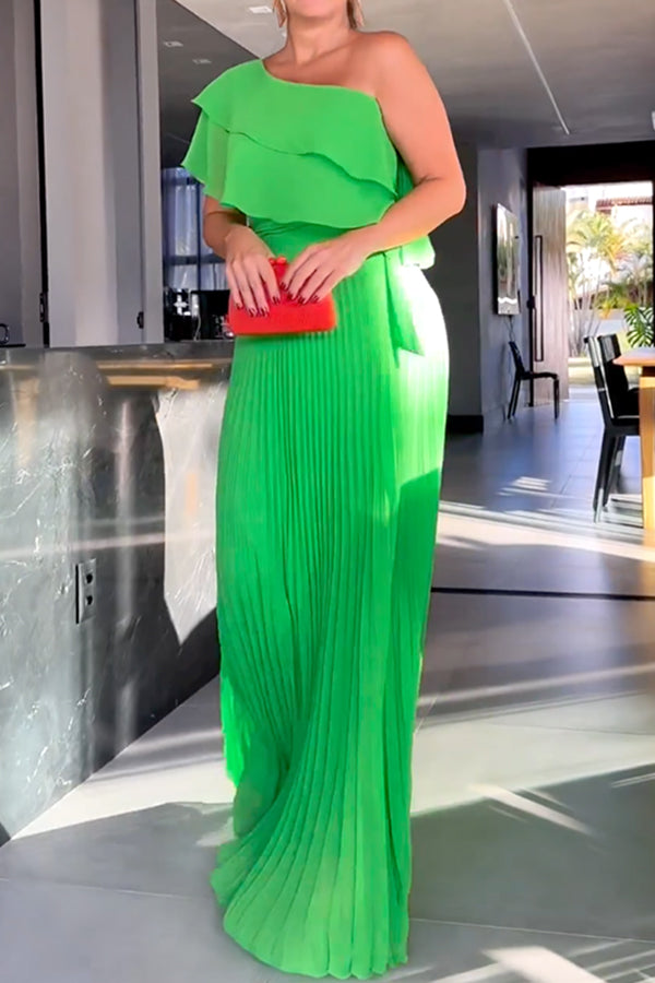 Asymmetric Plain Pleated Loose One-Shoulder Maxi Dresses