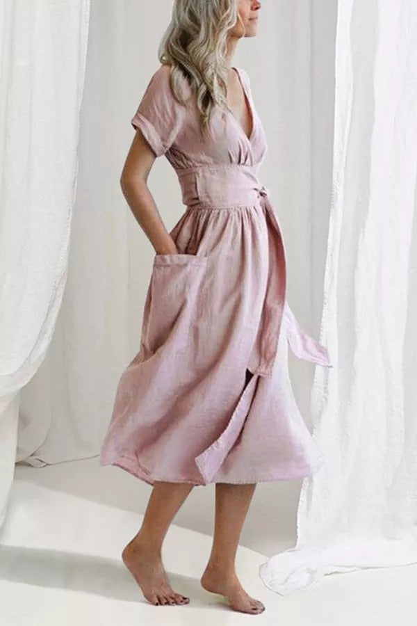 Forever Yours Belt High Waist Cotton- Linen Dress