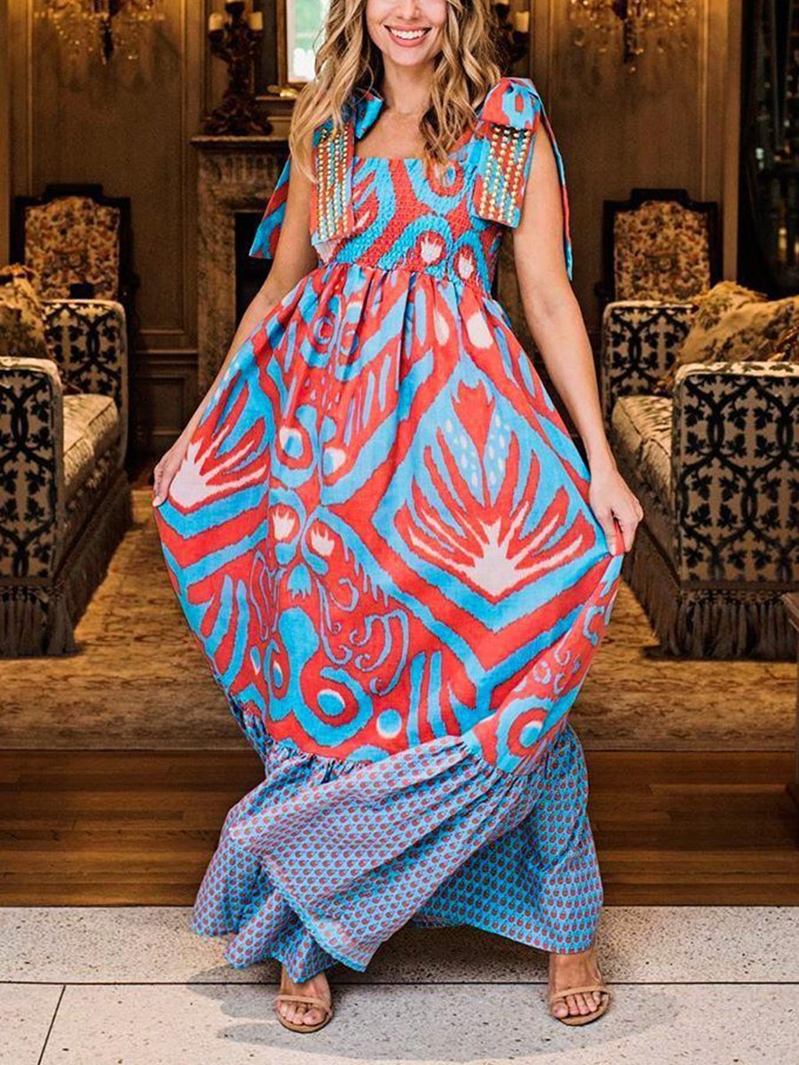 Graphic Print Loose Knotted Maxi Dress