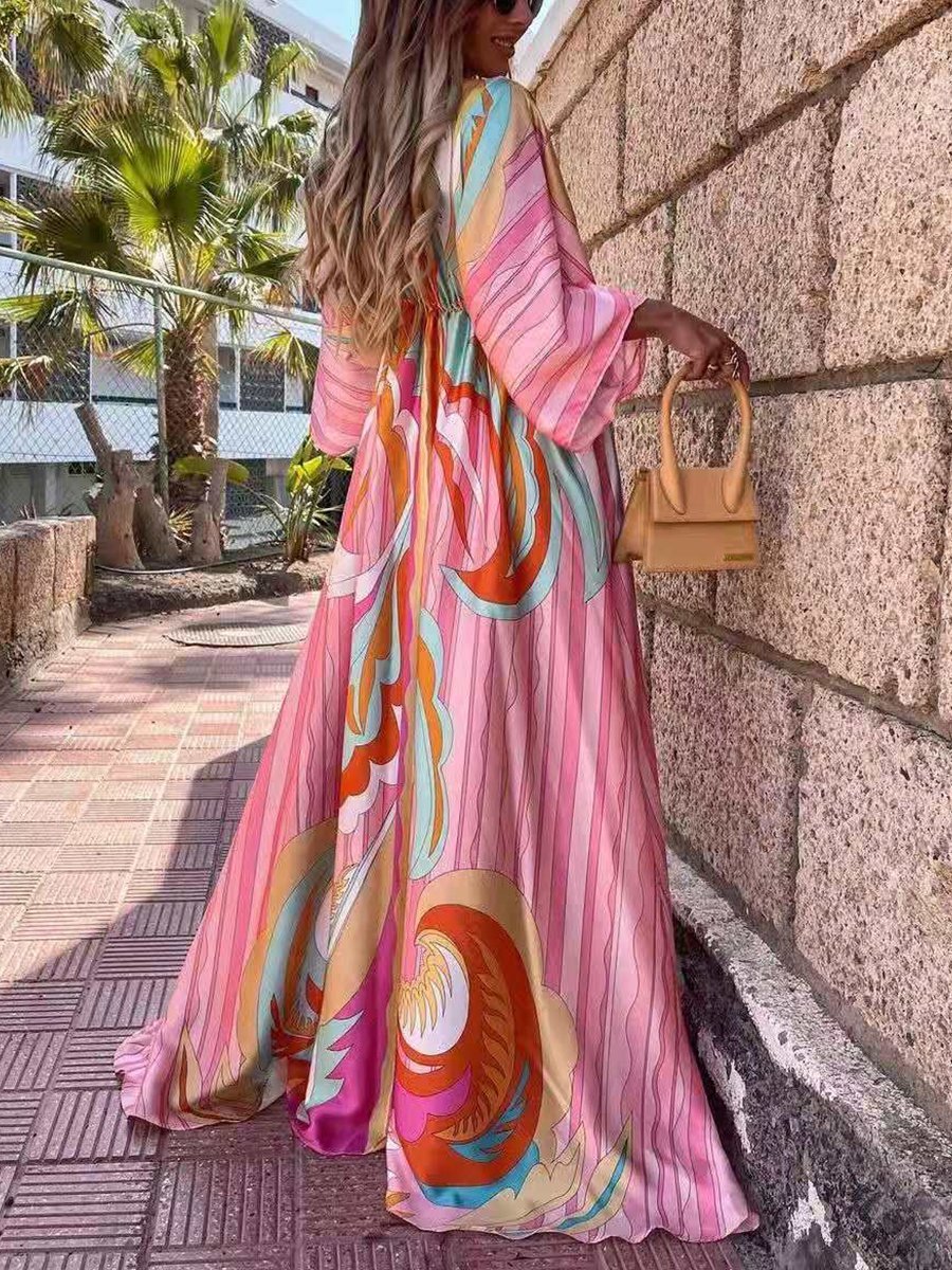 Digital Print V-neck Smocked Split Floor Length Dress