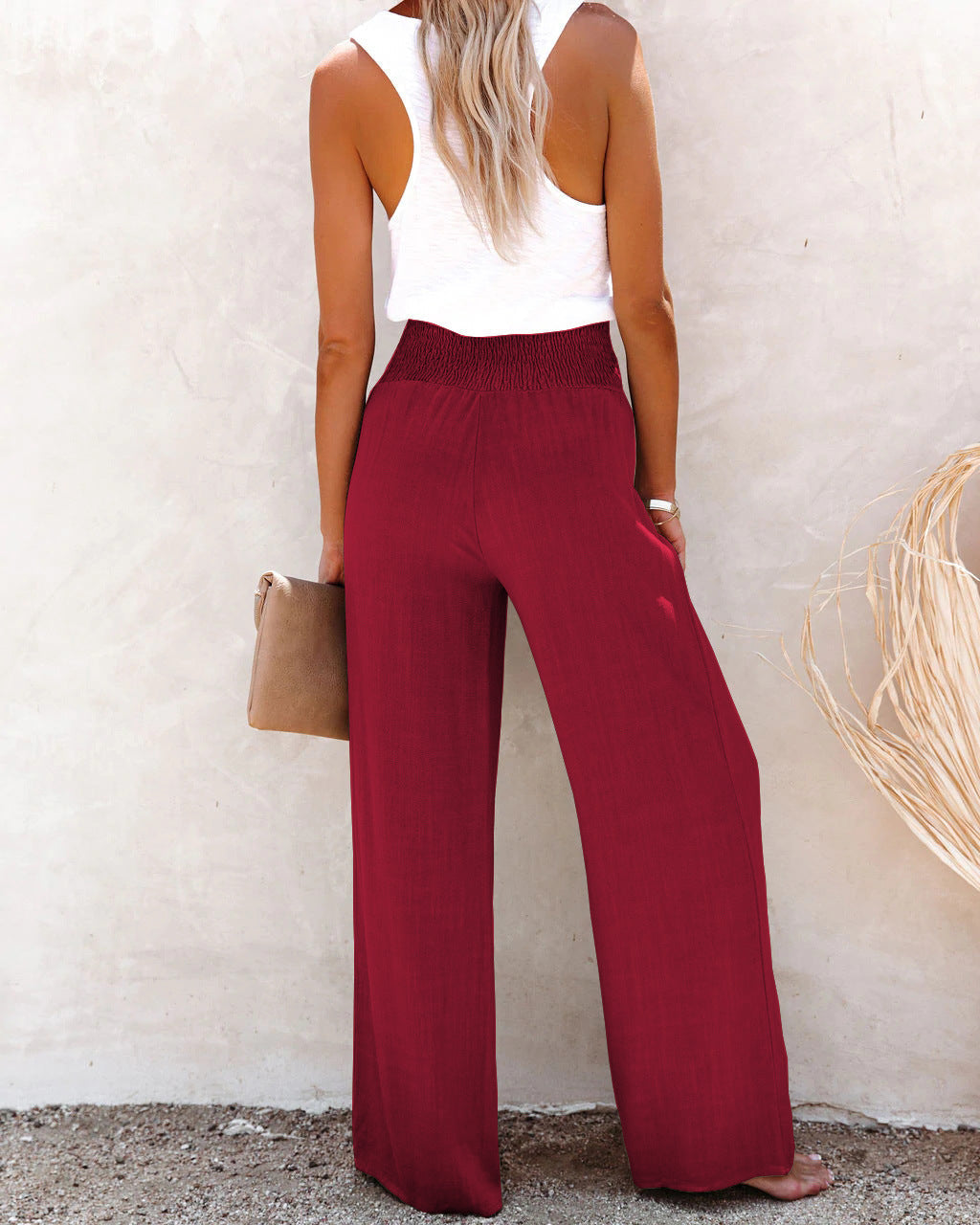LINEN BLEND HIGH RISE SMOCKED PANTS