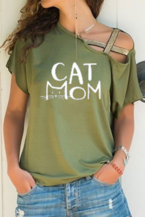 Casual Printed Slanted Shoulder Cross Irregular T-shirt