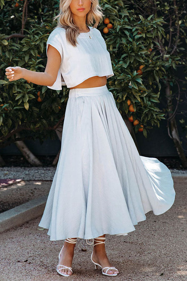 Linen Crop Top+ Pocketed Midi Skirt Suit