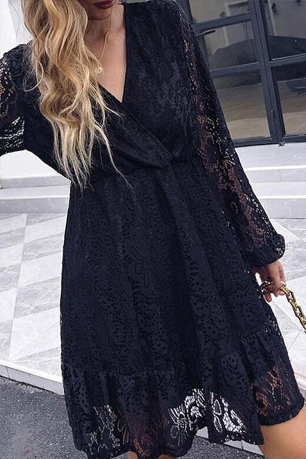 V Neck High Waist Lace Long Sleeve Dress