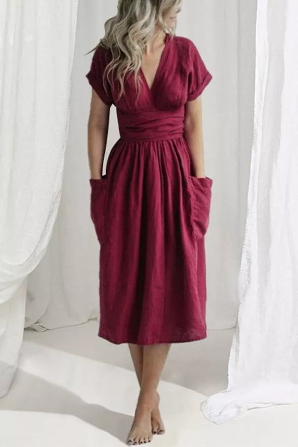 Forever Yours Belt High Waist Cotton- Linen Dress