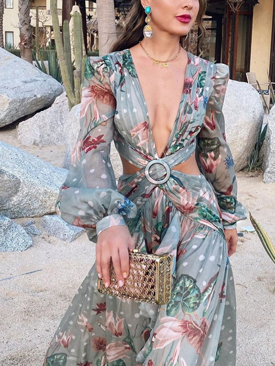 Personalized Hollow Printed Long Sleeve Dress