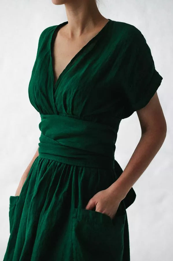 Forever Yours Belt High Waist Cotton- Linen Dress